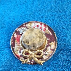 Gold and Red Vintage Mesh Boat Hat With Glitter, Gold Bow And A Flower Brooch